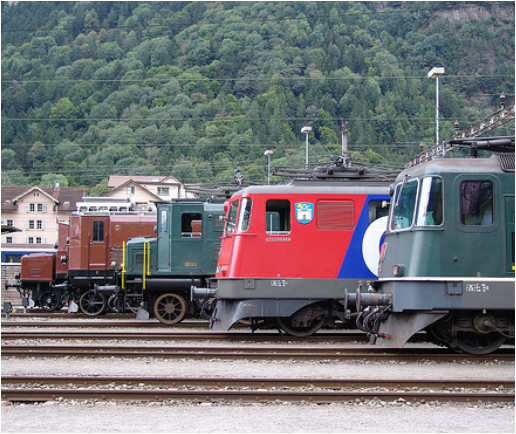Swiss electric locomotives at the depot in Erstfeld including AE 8/14, RE 4/4 and RE 6/6