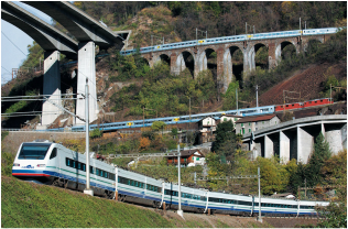Swiss intercity and bullet trains on the Gotthard Pass near Wassen